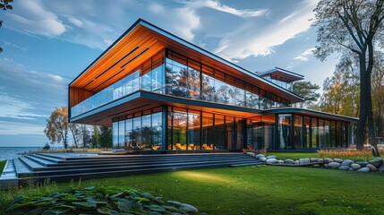 Leinwandbilder - Architectural theater building entirely of glass and wood on the grass. Generative AI.