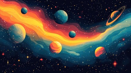 Wall Mural - Space illustrated in flat design style with bold shapes, clean lines, and vibrant cosmic colors.