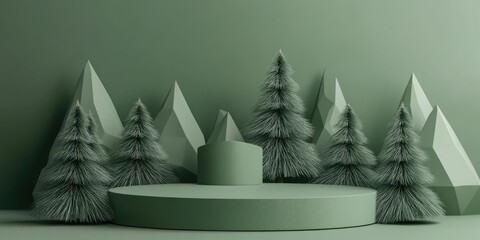 Aufkleber - Minimalist green podium with geometric shapes and pine trees set against a green backdrop Holiday celebration concept 3D rendered illustration