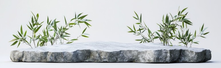 Aufkleber - Stone display podium adorned with bamboo leaves on a white background 3D rendering