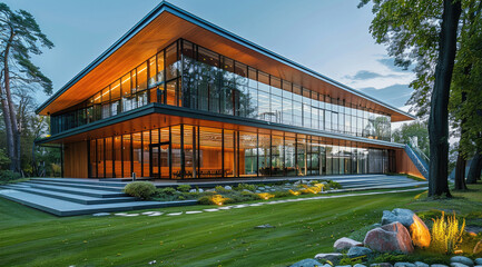 Leinwandbilder - Architectural theater building entirely of glass and wood on the grass. Generative AI.