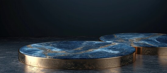 Wall Mural - Elegant blue and gold geometric marble texture podium for product displays 3D rendering on a dark background