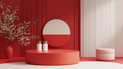 Poster - Red podium display for cosmetic products in geometric Japanese style 3D rendering