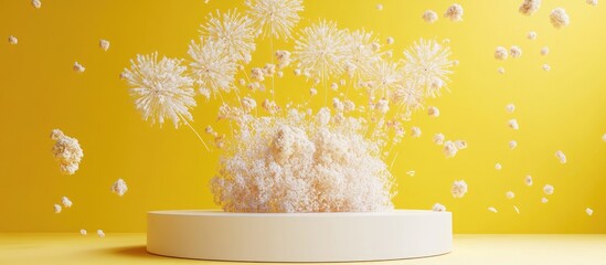 Poster - Minimalist design for a festival product display podium 3D render featuring fireworks against a yellow backdrop