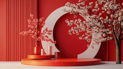 Poster - Red podium display for cosmetic products in geometric Japanese style 3D rendering