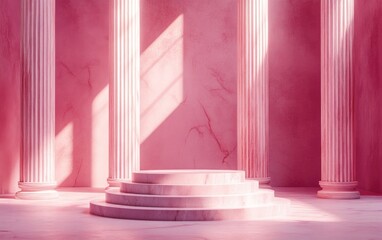 Poster - Pink podium in an ancient Greek style featuring a realistic 3D illustration Minimalist setting in a pink space with marble colonnade and classical columns