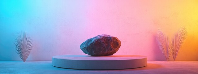 Poster - Wooden display podium featuring a stone against a white backdrop 3D rendering
