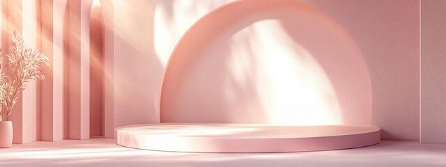 Poster - Showcase podium and stand on a soft pastel background for high end products 3D rendering Studio setting featuring geometric shapes and an arch serving as an architectural backdrop for product adve