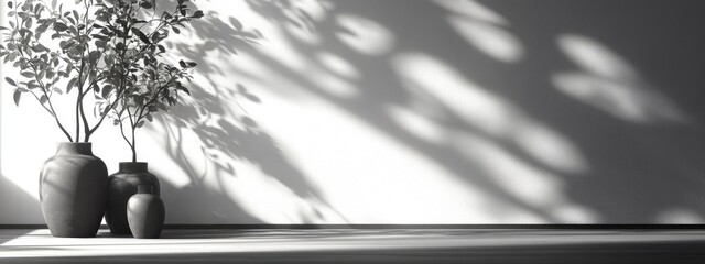Poster - Monochromatic backdrop featuring vases shadows of trees and natural light 3D render