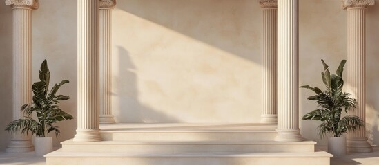 Poster - Product display podium with antique beige columns resembling ancient Greek architecture designed for object placement in a 3D rendering