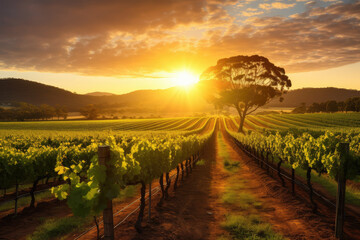 Wall Mural - Sunset over Lush Vineyard Rows in Countryside