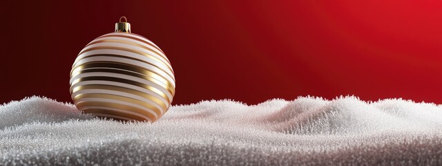 Minimalist product backdrop for winter holiday theme featuring a gold striped bauble podium and snow drifts on a red background 3D render illustration with clipping path for each element included