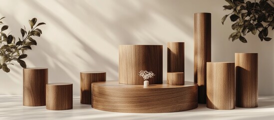 Poster - Wooden Cylinder Shaped Product Display Stand 3D Rendered