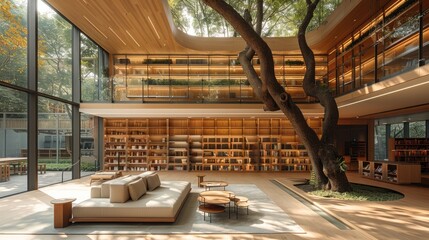 Wall Mural - The interior design of a library and reading area with a sofa in an open space lobby made from timber slats, light wood floor, a large tree in the corner, modern lighting, bookshelves on one wall.