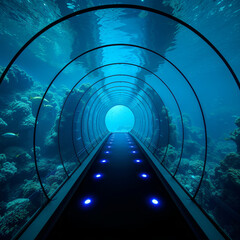 Underwater tunnel with blue lights and coral reef view