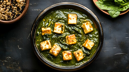 Palak Paneer indian traditional food with cheese and spinach on black background, view from above  