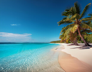 a photorealism landscape of a sandy beach with palm trees and crystal clear water