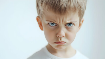 Portrait caucasian boy 4 years old, angry child expresses emotions of discontent or anger looks at camera on white background. Anger child, emotion contempt, not love others, difficult childhood.  