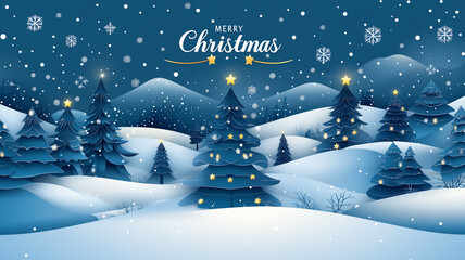 Merry Christmas background for Greeting cards with christmas tree landscape and snowing paper art style. Merry Christmas vector text Calligraphic Lettering. illustration. Christmas greeting card.