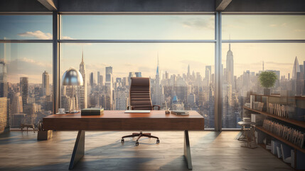 Sticker - Elegant Modern Office Overlooking a Cityscape at Dusk