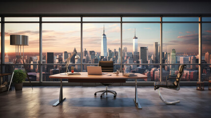 Poster - Modern Office Interior Overlooking City Skyline at Dusk