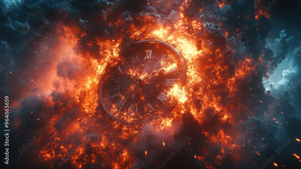 Time explosion depicted with a dramatic clock face breaking apart ...