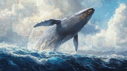 A humpback whale leaps out of the water, its tail raised high in the air, against a backdrop of cloudy skies.