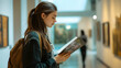 © Malik - A side view of a young Caucasian woman studying in a museum, engrossed in a brochure, with a well-lit hall behind her. This illustrates the spirit of cultural learning.