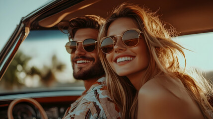 Smiling stylish woman and man sitting in a car and enjoying the ride. Woman leaned on a man's shoulder  