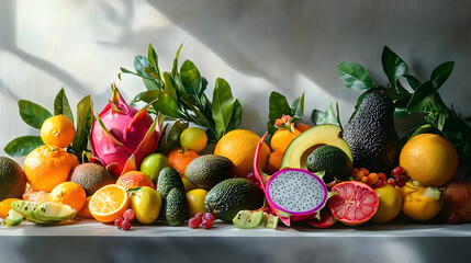 Still life of tropical fruits included citruses, avocados and dragonfruit in window light  