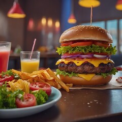 Fast food hamburger burger cheeseburger french fries deep fried cheese pizza meat beef sandwich ketchup prepared potato bread bun -  fast ready-to-eat american culture snack dinner lunch photography