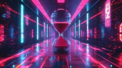 Hourglass depicted in synthwave style, using neon colors and retro-futuristic elements to create a vibrant, dynamic version of the hourglass.