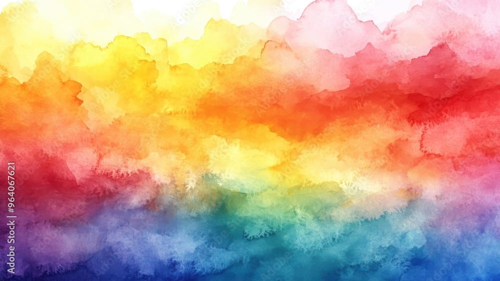 Rainbow rendered in watercolor style, capturing the fluid blend of colors and gentle transitions in a soft, ethereal manner.