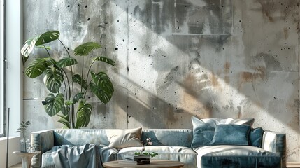 Wall Mural - An industrial living room, with tall concrete wall with a chic white peeling paint, that would reflect an industrial style. Generative AI.