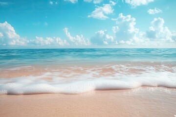 Wall Mural - Ocean waves on a sandy beach. Perfect for travel brochures or websites promoting tropical vacations.