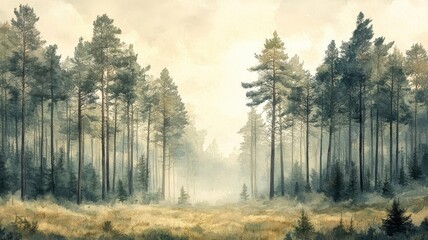 Pine forest rendered in watercolor style, capturing the gentle blend of greens and browns with soft, fluid transitions to evoke a serene, natural setting.