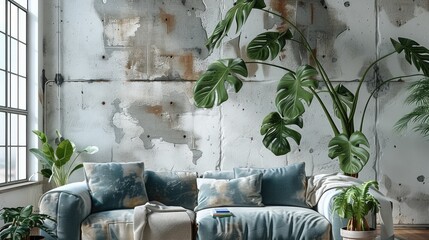 Wall Mural - An industrial living room, with tall concrete wall with a chic white peeling paint, that would reflect an industrial style. Generative AI.