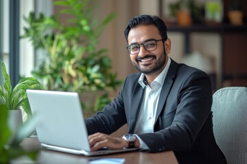 Indian businessman working from home using laptop at home office