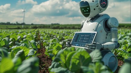 Under the blue sky, in a field of green vegetables, a high-tech tablet computer controls a white-shelled robot in front of the field for planting and crop management. Generative AI.