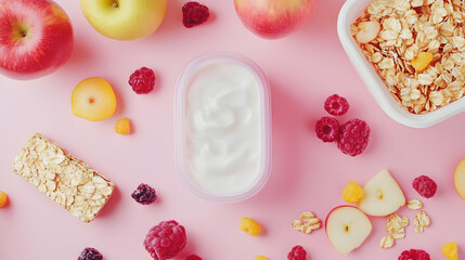 The concept of healthy school meals. Food composition with lunch box with yogurt, cereal bar, apple and oatmeal berries cocktail on a pink background with window light. Flat lay, horizontal banner  