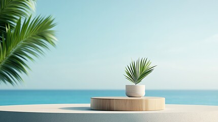 modern pedestal with summer-inspired design, 3D modeled in Cinema 4D, leaving space for text, deep depth of field focusing on every aspect of the object