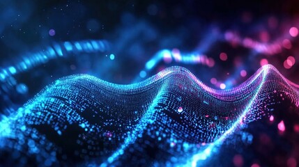 Futuristic abstract background featuring glowing blue and pink digital waves made of dots, representing sound waves or data flow concepts. This high-detail vector illustration showcases an ultra-reali