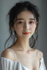 Sticker - Chinese beauty, with black and smooth hair, Skin is authentic and natural, wearing a simple white dress. Generative AI.