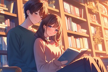 Wall Mural - Anime Couple Relaxing in a Library with Bookshelves