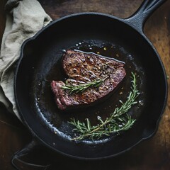 Canvas Print - A perfectly cooked steak in a cast iron skillet with rosemary garnish.