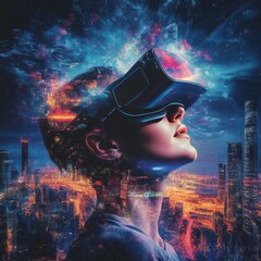 Poster - A person wearing VR goggles with a futuristic cityscape overlayed on their face.