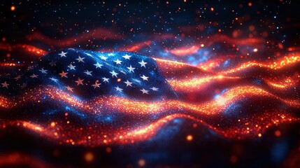 A digital rendering of the American flag with glowing red, white, and blue particles.