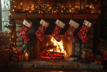 Cozy and festive image of christmas stockings hanging on a fireplace with a crackling fire and a beautiful garland