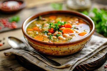 Wall Mural - healthy black-eyed bean, carrot and cabbage soup, served in a rustic bowl on a linen napkin, with a spoon on the side, soft natural lighting, background - wooden background