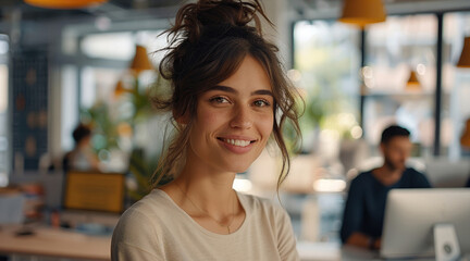 Wall Mural - Woman, close up faces happy people working in an open space office. Generative AI.